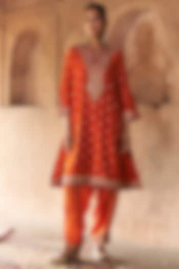 Burnt Orange Silk Chanderi Banarasi Embroidered Kurta Set For Girls by Sheetal Batra - Kids at Pernia's Pop Up Shop