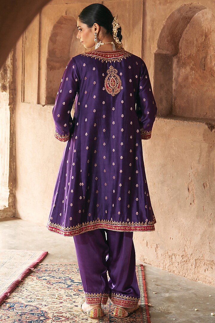 Deep Purple Silk Chanderi Banarasi Embroidered Kurta Set For Girls by Sheetal Batra - Kids at Pernia's Pop Up Shop