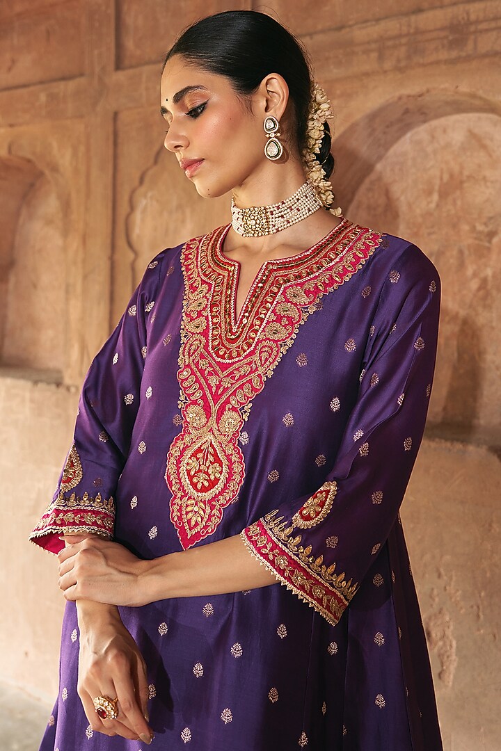 Deep Purple Silk Chanderi Banarasi Embroidered Kurta Set For Girls by Sheetal Batra - Kids at Pernia's Pop Up Shop