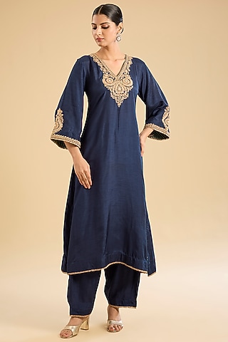 Deep Blue Pure Uppada Silk Embellished Kurta Set For Girls by Sheetal Batra - Kids