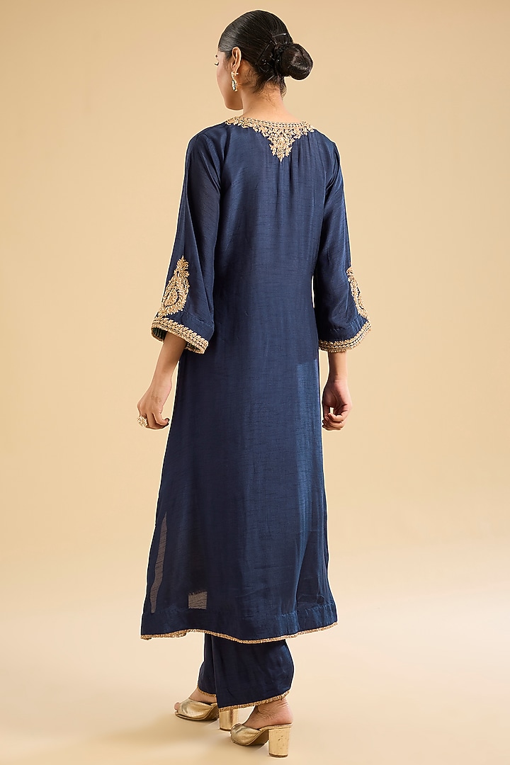 Deep Blue Pure Uppada Silk Embellished Kurta Set For Girls by Sheetal Batra - Kids at Pernia's Pop Up Shop
