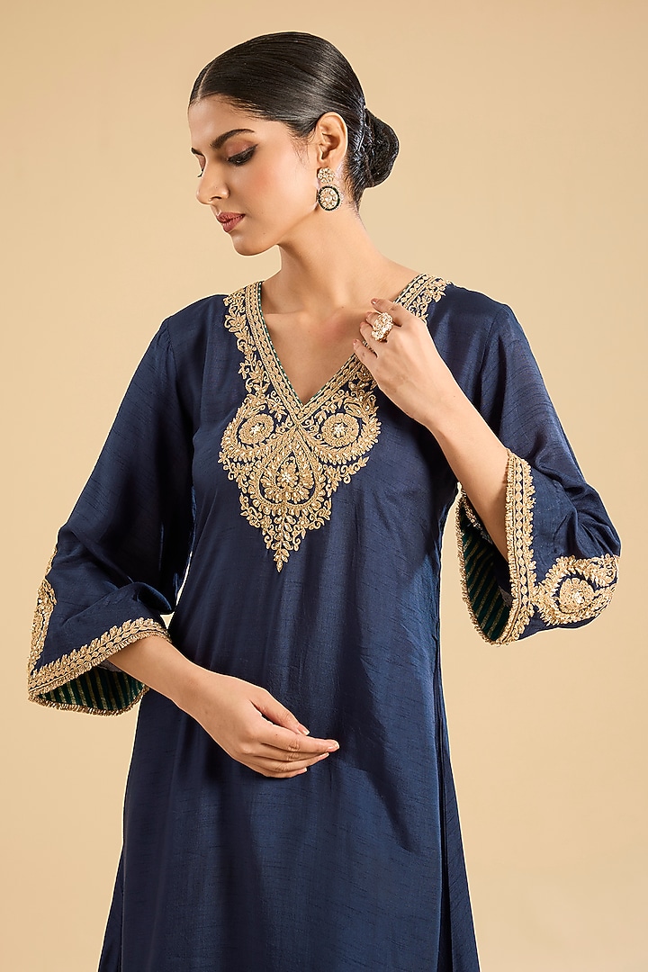 Deep Blue Pure Uppada Silk Embellished Kurta Set For Girls by Sheetal Batra - Kids at Pernia's Pop Up Shop