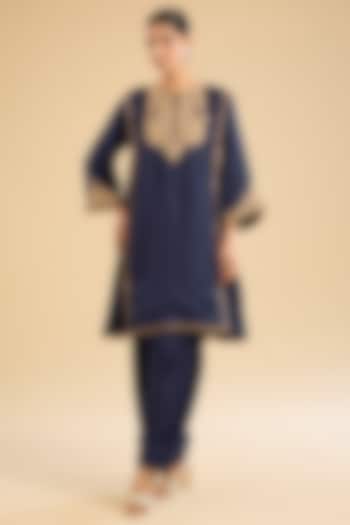 Deep Blue Pure Uppada Silk Embellished Kurta Set For Girls by Sheetal Batra - Kids at Pernia's Pop Up Shop