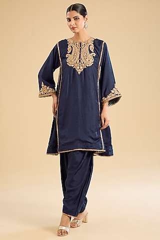 Deep Blue Pure Uppada Silk Embellished Kurta Set For Girls by Sheetal Batra - Kids