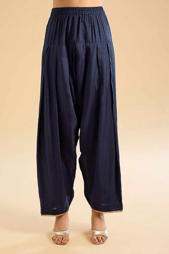 Deep Blue Pure Uppada Silk Embellished Kurta Set For Girls by Sheetal Batra - Kids at Pernia's Pop Up Shop