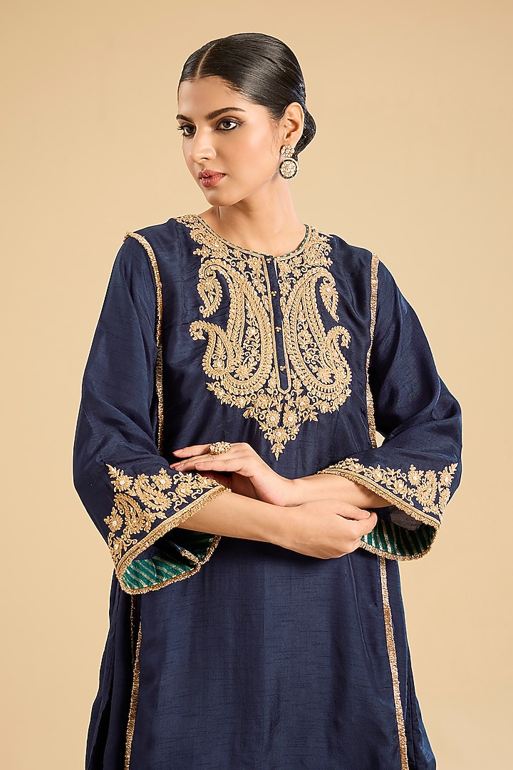Deep Blue Pure Uppada Silk Embellished Kurta Set For Girls by Sheetal Batra - Kids at Pernia's Pop Up Shop