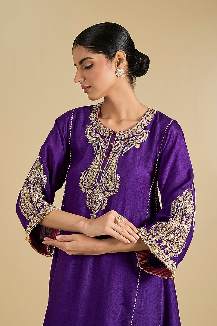 Purple Pure Uppada Silk Embroidered Choga Kurta Set For Girls by Sheetal Batra - Kids at Pernia's Pop Up Shop