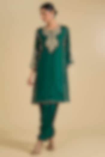 Green Pure Uppada Silk Embroidered Choga Kurta Set For Girls by Sheetal Batra - Kids at Pernia's Pop Up Shop