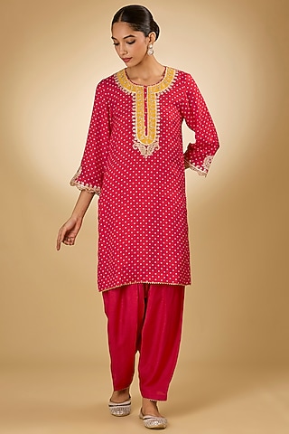 Red Upada Silk Tilla Embroidered Kurta Set For Girls by Sheetal Batra - Kids