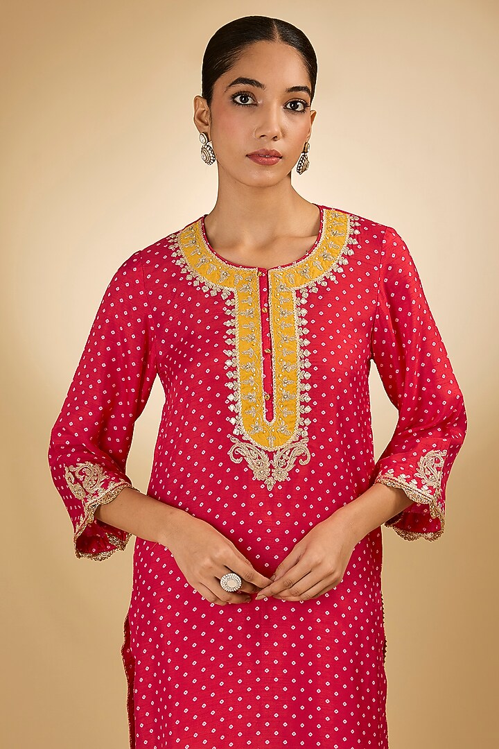 Red Upada Silk Tilla Embroidered Kurta Set For Girls by Sheetal Batra - Kids at Pernia's Pop Up Shop