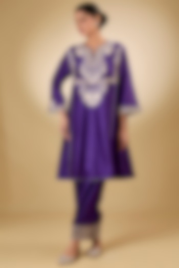 Purple Silk Chanderi Parsi Gara Embroidered Kurta Set For Girls by Sheetal Batra - Kids at Pernia's Pop Up Shop