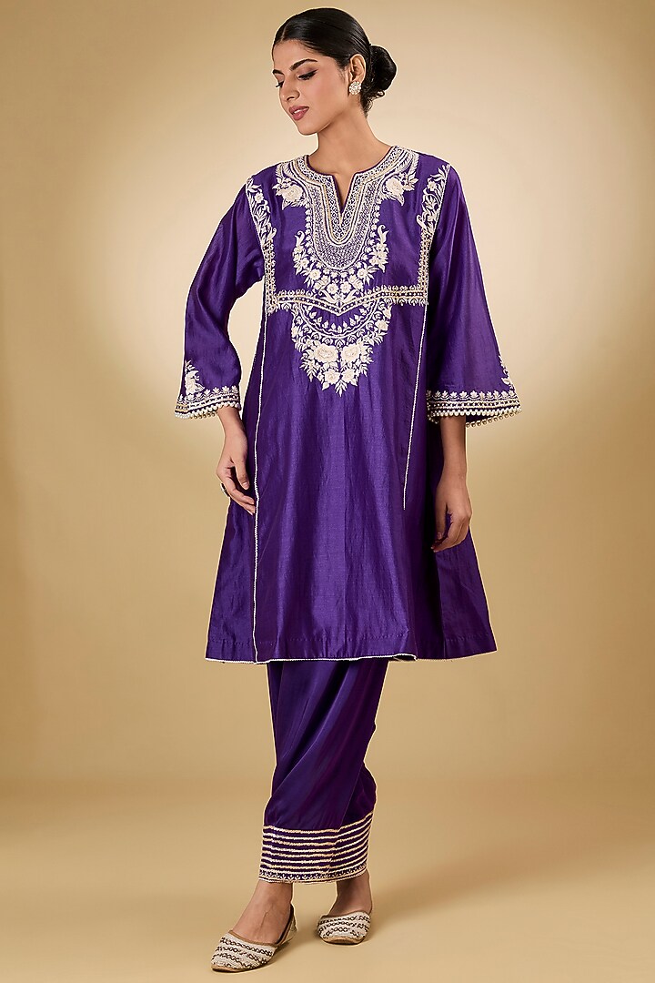 Purple Silk Chanderi Parsi Gara Embroidered Kurta Set For Girls by Sheetal Batra - Kids at Pernia's Pop Up Shop