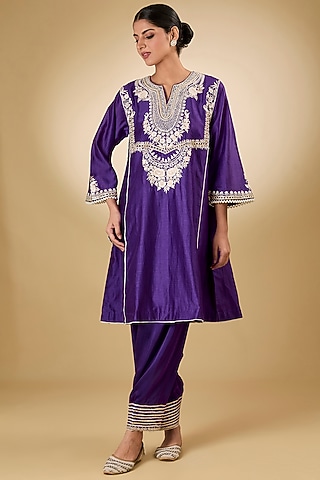 Purple Silk Chanderi Parsi Gara Embroidered Kurta Set For Girls by Sheetal Batra - Kids