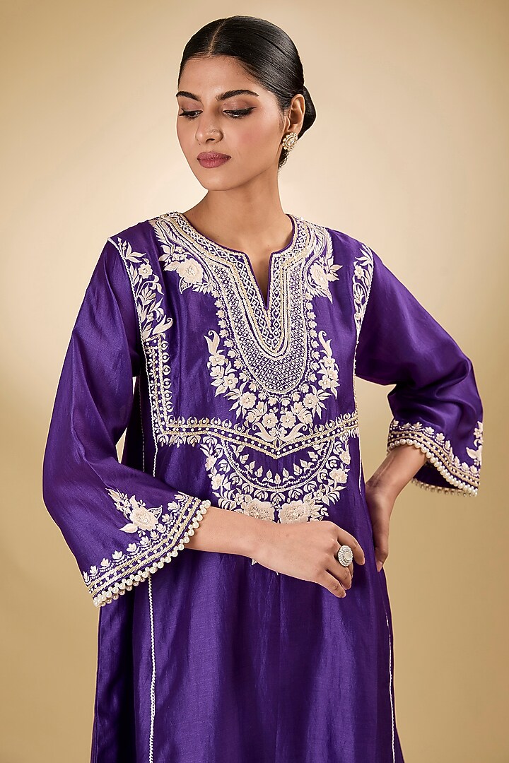 Purple Silk Chanderi Parsi Gara Embroidered Kurta Set For Girls by Sheetal Batra - Kids at Pernia's Pop Up Shop