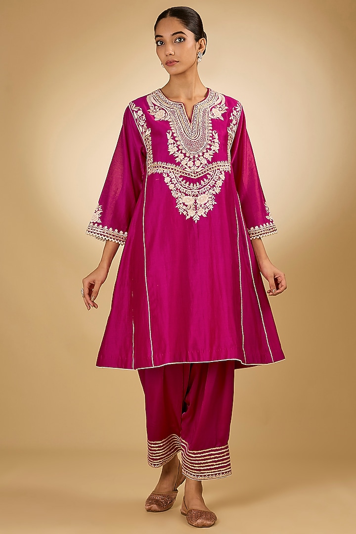 Pink Silk Chanderi Tilla Embroidered Kurta Set For Girls by Sheetal Batra - Kids at Pernia's Pop Up Shop