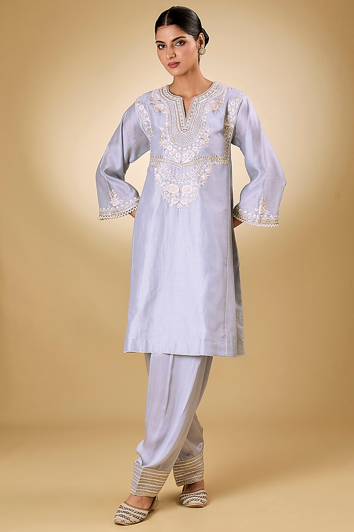 Blue Pure Silk Chanderi Tilla Embroidered Kurta Set For Girls by Sheetal Batra - Kids at Pernia's Pop Up Shop