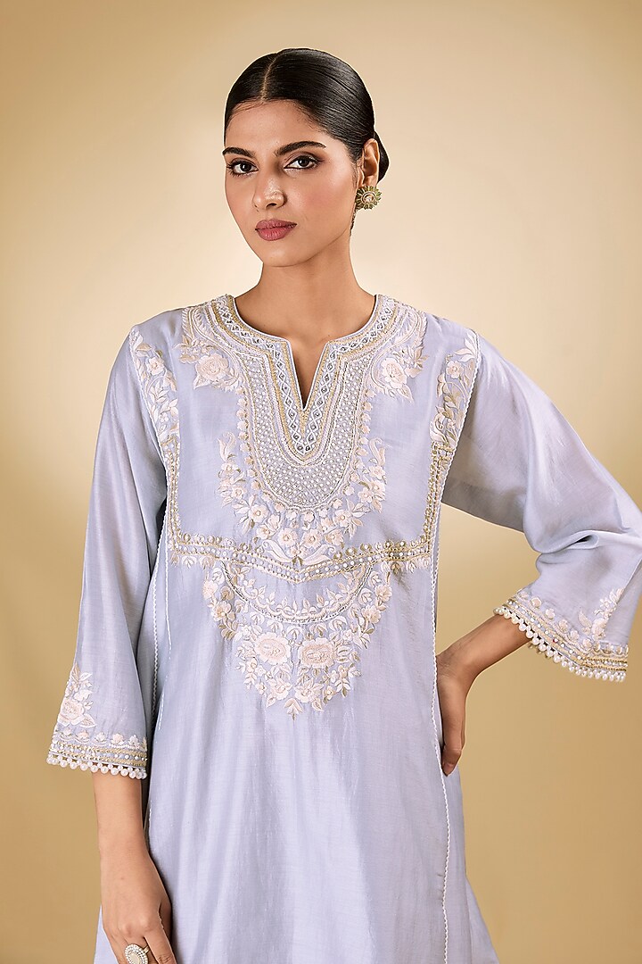 Blue Pure Silk Chanderi Tilla Embroidered Kurta Set For Girls by Sheetal Batra - Kids at Pernia's Pop Up Shop