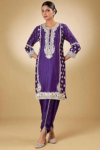 Purple Pure Silk Chanderi Gota Embroidered Kurta Set For Girls by Sheetal Batra - Kids