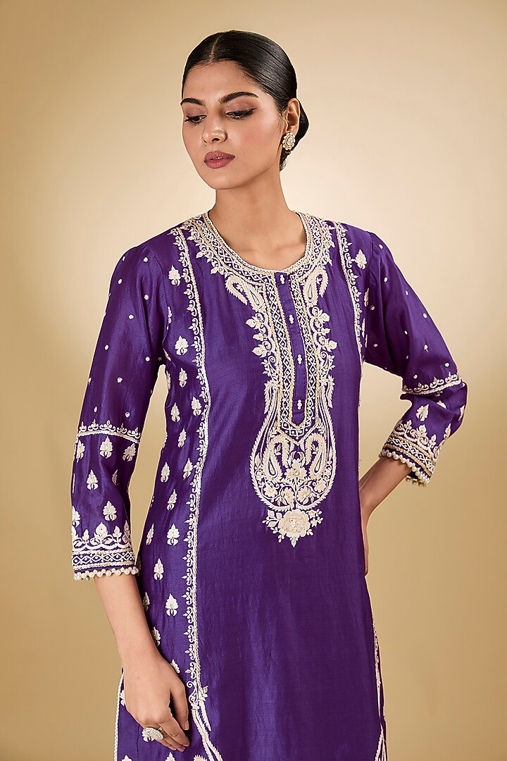 Purple Pure Silk Chanderi Gota Embroidered Kurta Set For Girls by Sheetal Batra - Kids at Pernia's Pop Up Shop