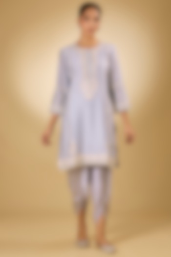 Blue Pure Silk Chanderi Tilla Embroidered Kurta Set For Girls by Sheetal Batra - Kids at Pernia's Pop Up Shop