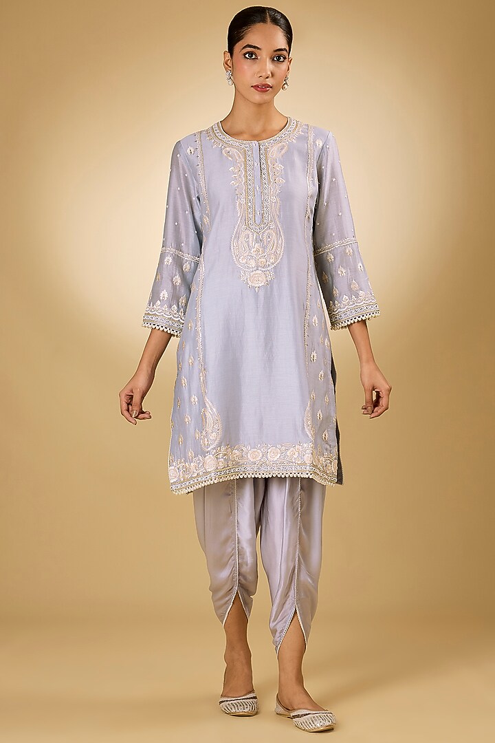 Blue Pure Silk Chanderi Tilla Embroidered Kurta Set For Girls by Sheetal Batra - Kids at Pernia's Pop Up Shop