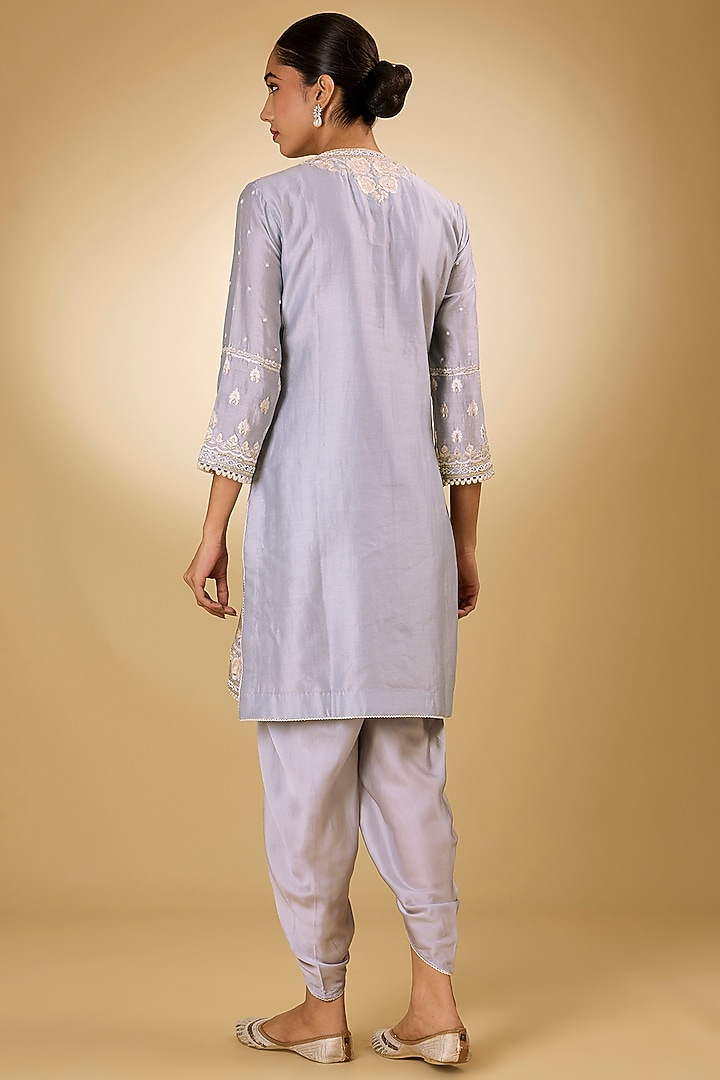Blue Pure Silk Chanderi Tilla Embroidered Kurta Set For Girls by Sheetal Batra - Kids at Pernia's Pop Up Shop