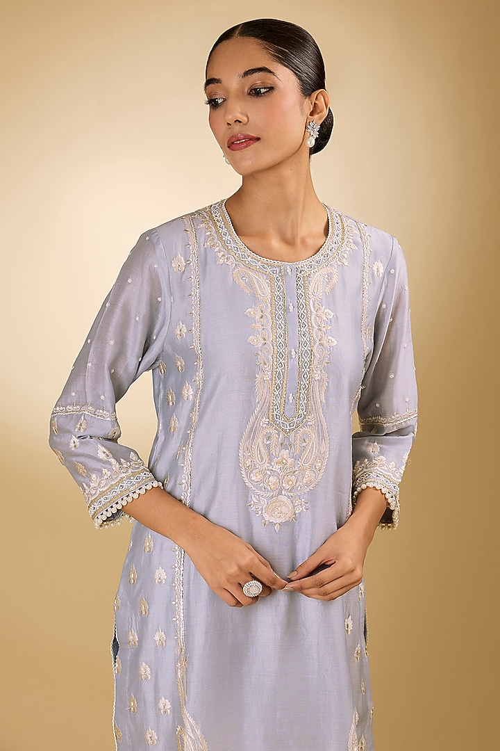 Blue Pure Silk Chanderi Tilla Embroidered Kurta Set For Girls by Sheetal Batra - Kids at Pernia's Pop Up Shop