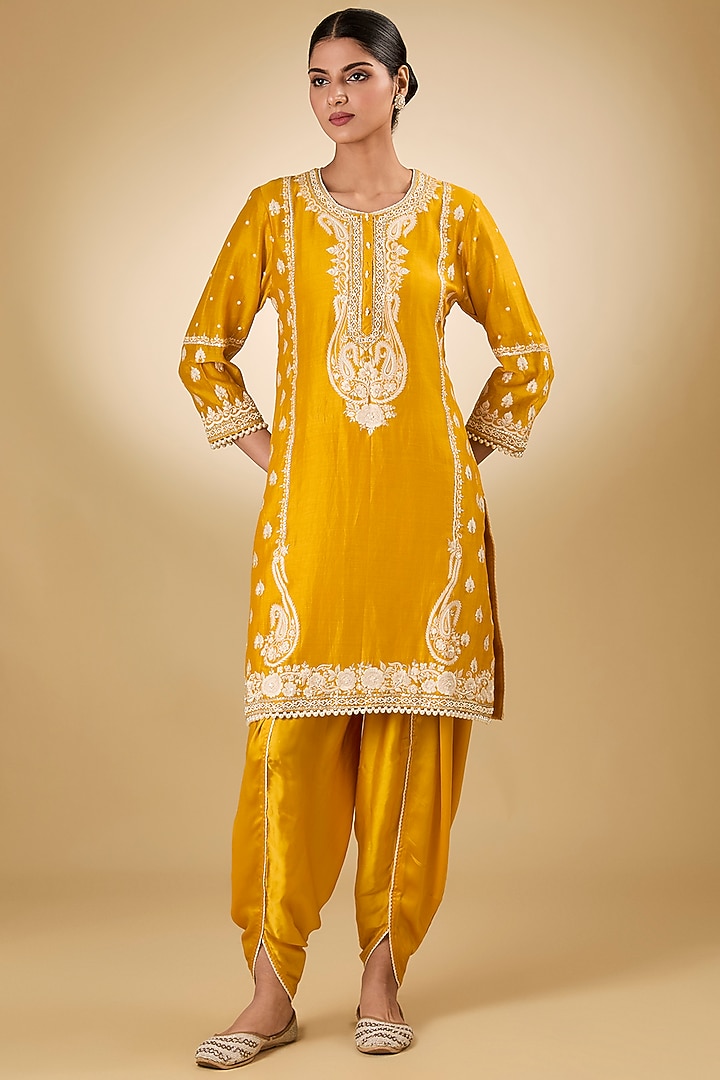 Yellow Pure Silk Chanderi Tilla Embroidered Kurta Set For Girls by Sheetal Batra - Kids at Pernia's Pop Up Shop