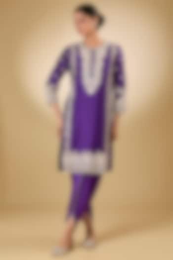 Purple Pure Silk Chanderi Tilla Embroidered Kurta Set For Girls by Sheetal Batra - Kids at Pernia's Pop Up Shop