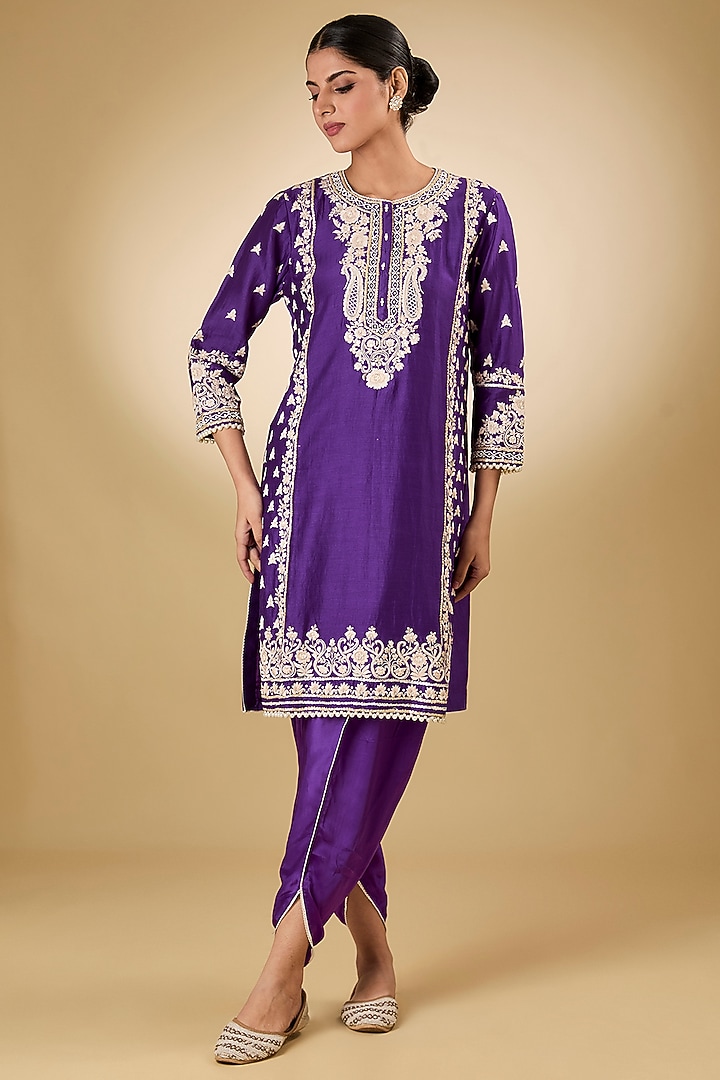 Purple Pure Silk Chanderi Tilla Embroidered Kurta Set For Girls by Sheetal Batra - Kids at Pernia's Pop Up Shop