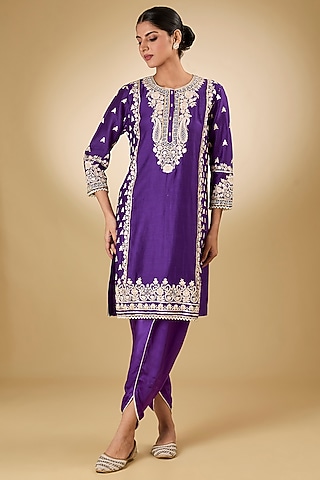 Purple Pure Silk Chanderi Tilla Embroidered Kurta Set For Girls by Sheetal Batra - Kids