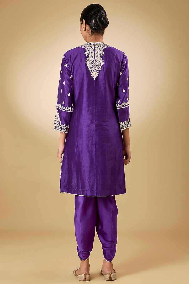 Purple Pure Silk Chanderi Tilla Embroidered Kurta Set For Girls by Sheetal Batra - Kids at Pernia's Pop Up Shop
