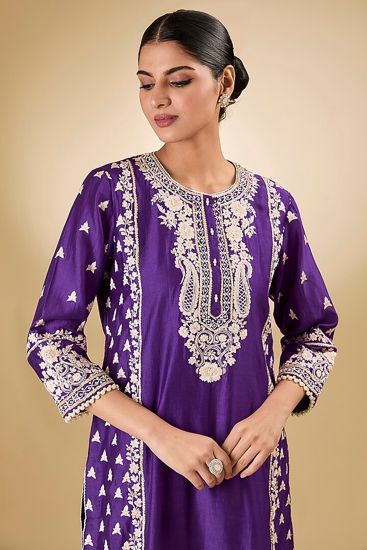 Purple Pure Silk Chanderi Tilla Embroidered Kurta Set For Girls by Sheetal Batra - Kids at Pernia's Pop Up Shop