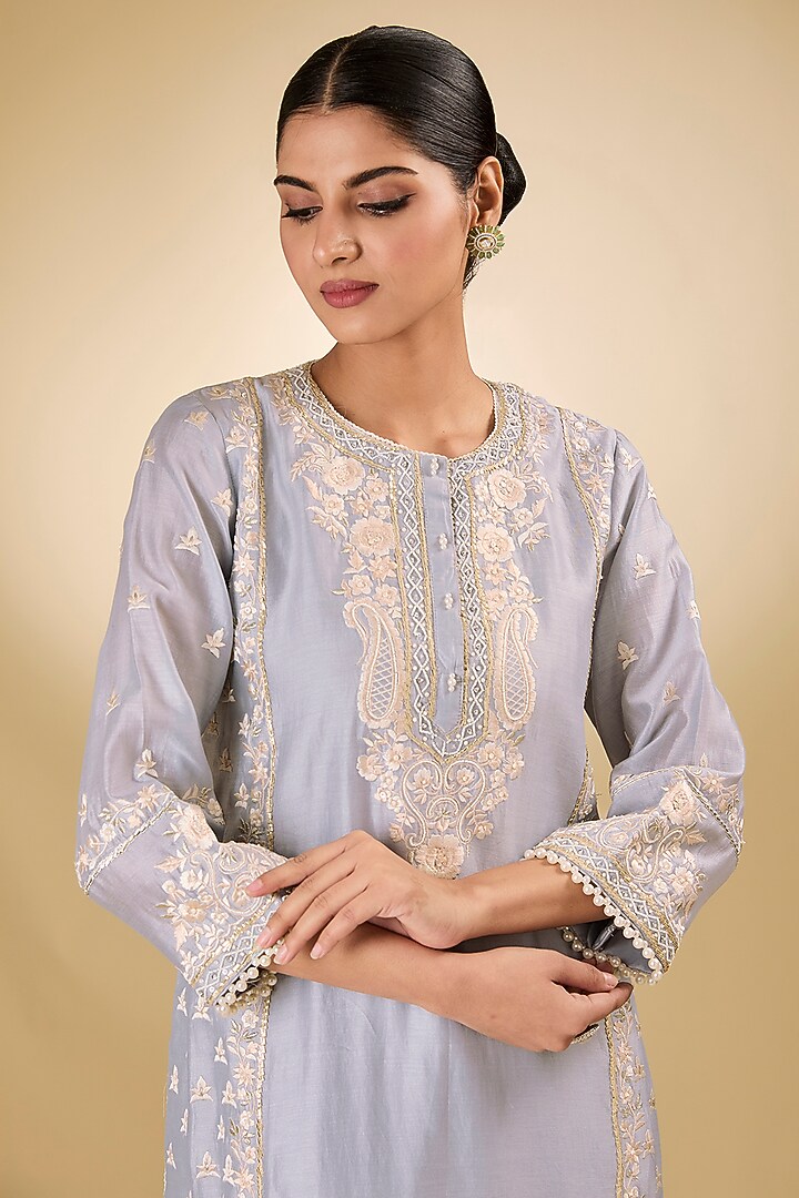 Blue Pure Silk Chanderi Gota Embroidered Kurta Set For Girls by Sheetal Batra - Kids at Pernia's Pop Up Shop