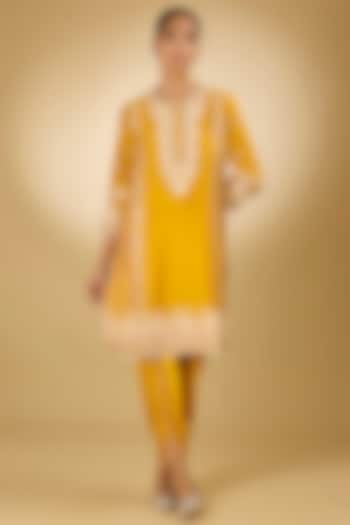 Yellow Pure Silk Chanderi Gota Embroidered Kurta Set For Girls by Sheetal Batra - Kids at Pernia's Pop Up Shop