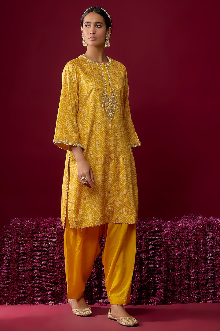 Mustard Yellow Upada Silk Embroidered Kurta Set For Girls by Sheetal Batra - Kids at Pernia's Pop Up Shop