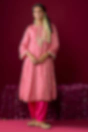 Hot Pink Upada Silk Embroidered Kurta Set For Girls by Sheetal Batra - Kids at Pernia's Pop Up Shop