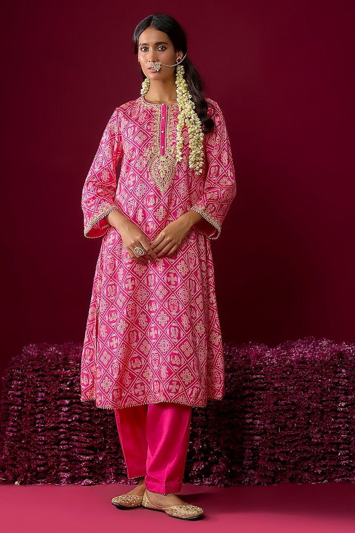 Hot Pink Upada Silk Embroidered Kurta Set For Girls by Sheetal Batra - Kids at Pernia's Pop Up Shop