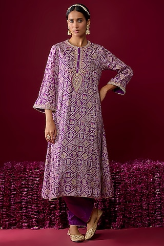Purple Upada Silk Embroidered Kurta Set For Girls by Sheetal Batra - Kids