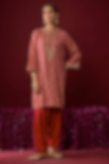 Deep Red Upada Silk Embroidered Kurta Set For Girls by Sheetal Batra - Kids at Pernia's Pop Up Shop