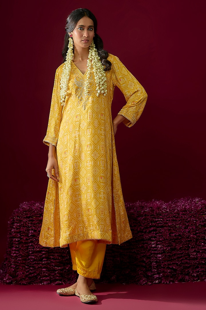 Mustard Upada Silk Embroidered Kurta Set For Girls by Sheetal Batra - Kids at Pernia's Pop Up Shop