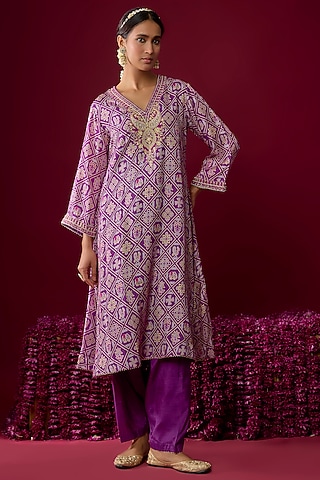 Purple Upada Silk Embroidered Kurta Set For Girls by Sheetal Batra - Kids