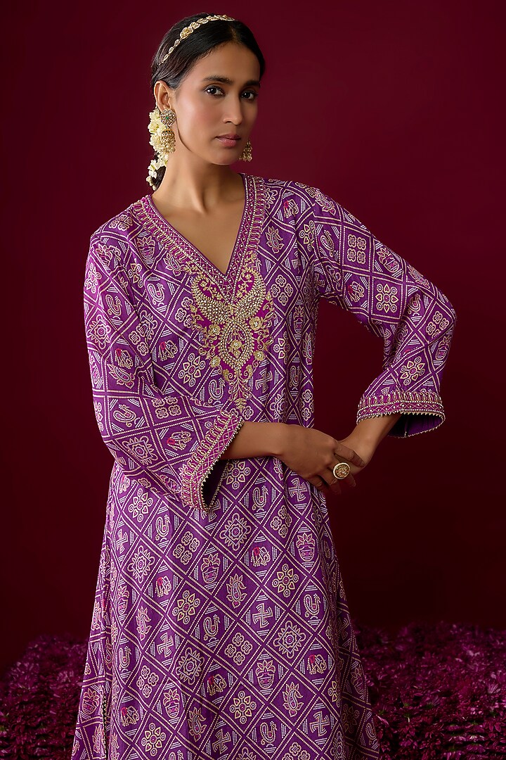Purple Upada Silk Embroidered Kurta Set For Girls by Sheetal Batra - Kids at Pernia's Pop Up Shop