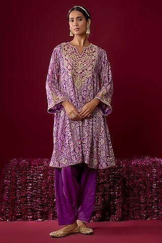 Purple Upada Silk Aari Embroidered Kurta Set For Girls by Sheetal Batra - Kids