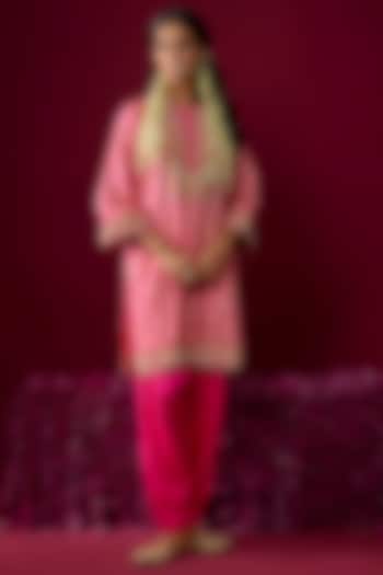 Hot Pink Upada Silk Tilla Embroidered Kurta Set For Girls by Sheetal Batra - Kids at Pernia's Pop Up Shop