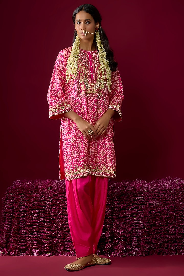 Hot Pink Upada Silk Tilla Embroidered Kurta Set For Girls by Sheetal Batra - Kids at Pernia's Pop Up Shop
