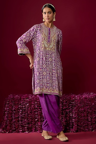 Purple Upada Silk Tilla Embroidered Kurta Set For Girls by Sheetal Batra - Kids