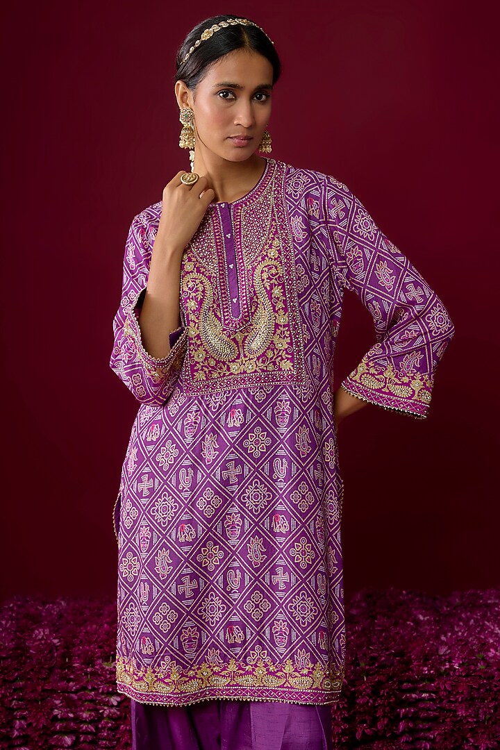 Purple Upada Silk Tilla Embroidered Kurta Set For Girls by Sheetal Batra - Kids at Pernia's Pop Up Shop