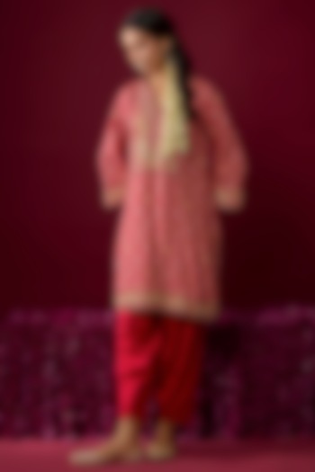 Deep Red Upada Silk Tilla Embroidered Kurta Set For Girls by Sheetal Batra - Kids at Pernia's Pop Up Shop
