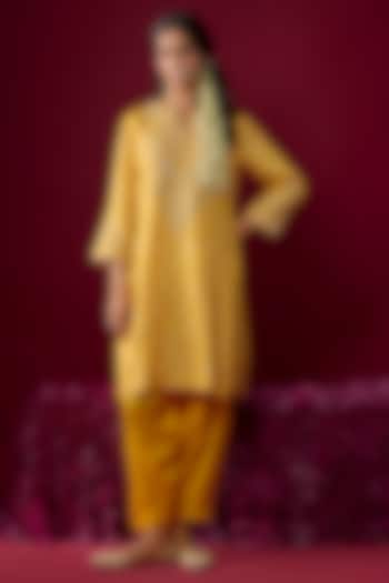 Mustard Yellow Upada Silk Embroidered Kurta Set For Girls by Sheetal Batra - Kids at Pernia's Pop Up Shop
